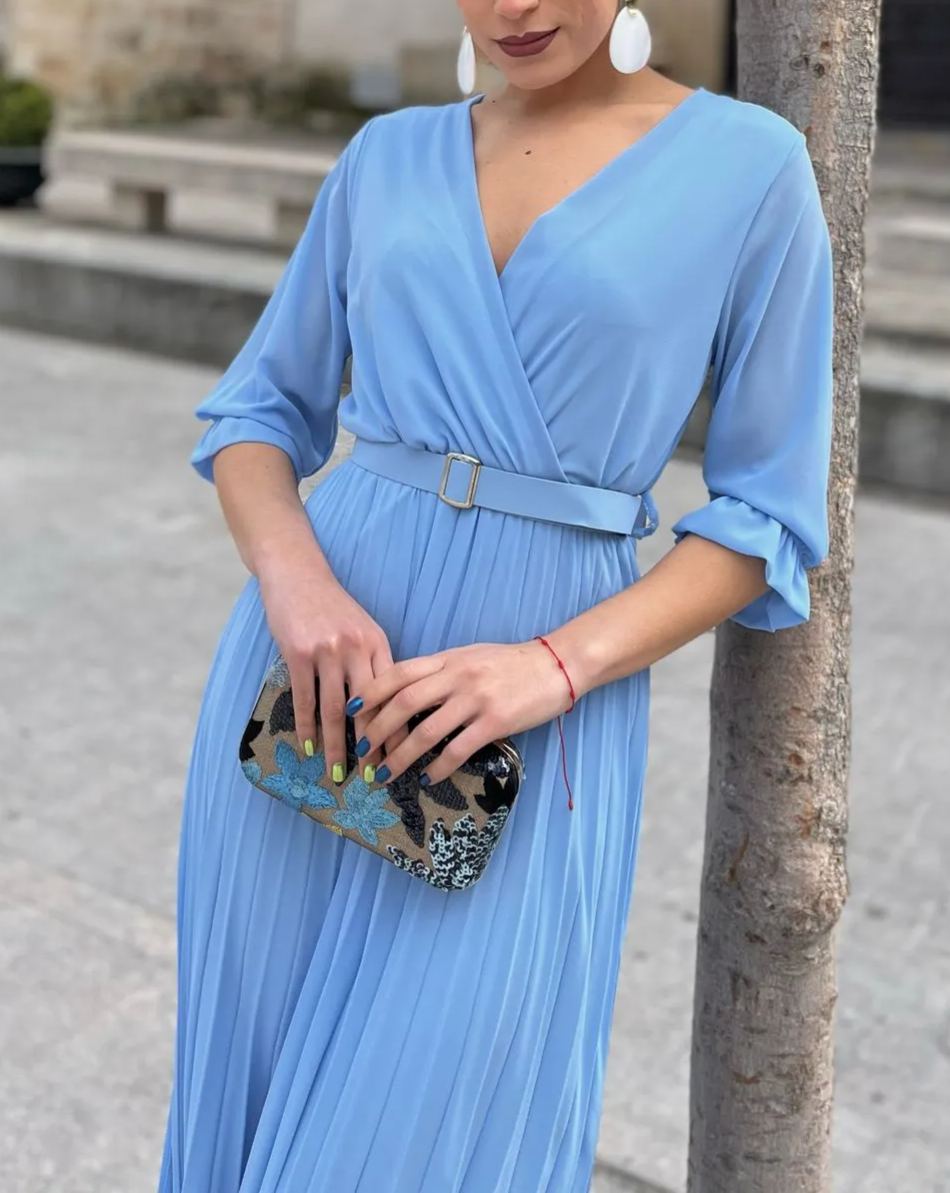 Sky blue V-neck pleated dress