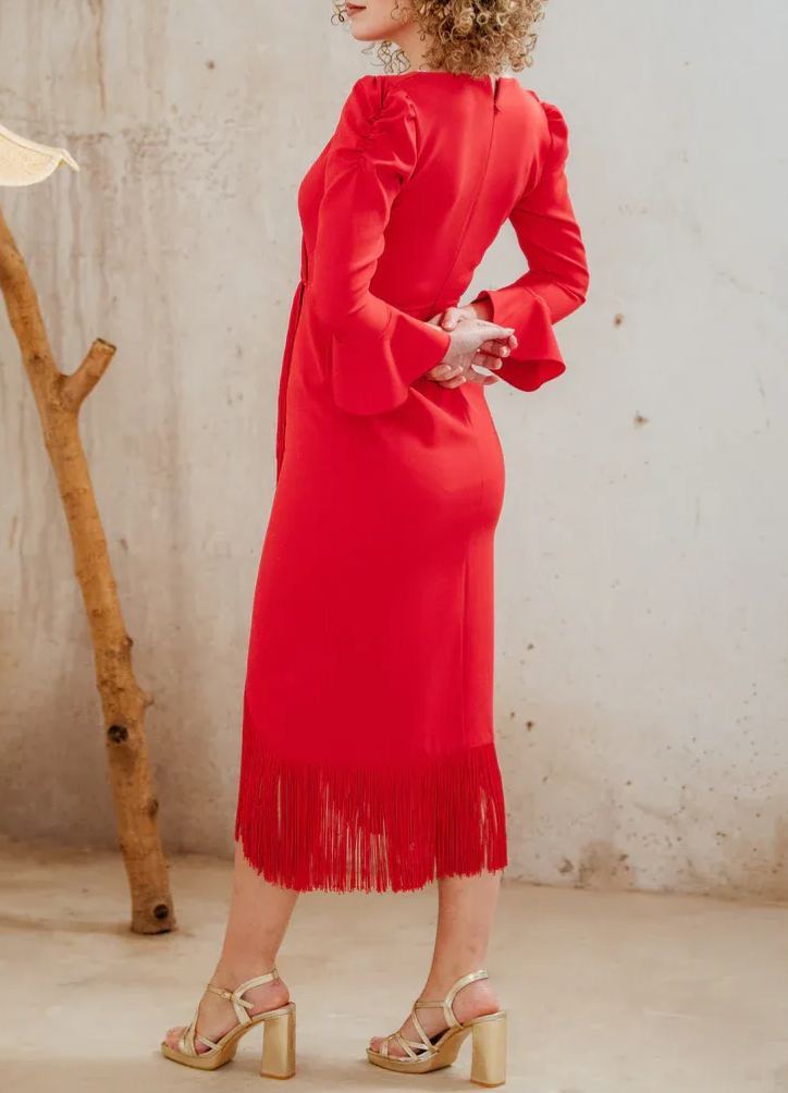 Passionate red fringe wrap dress