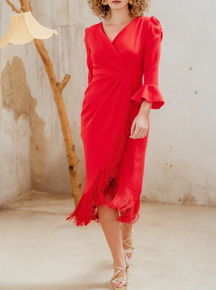 Passionate red fringe wrap dress