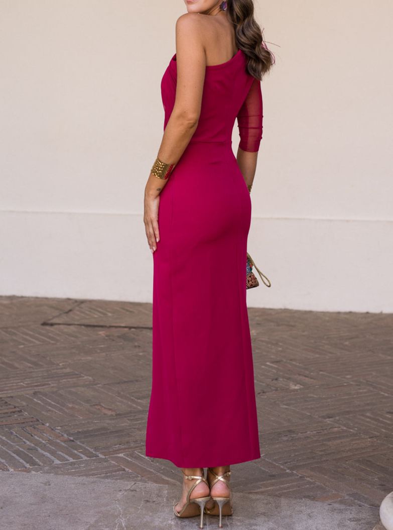 Cherry asymmetrical draped midi dress