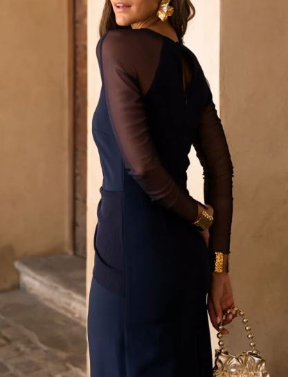 Vestido midi manga larga tul azul marino