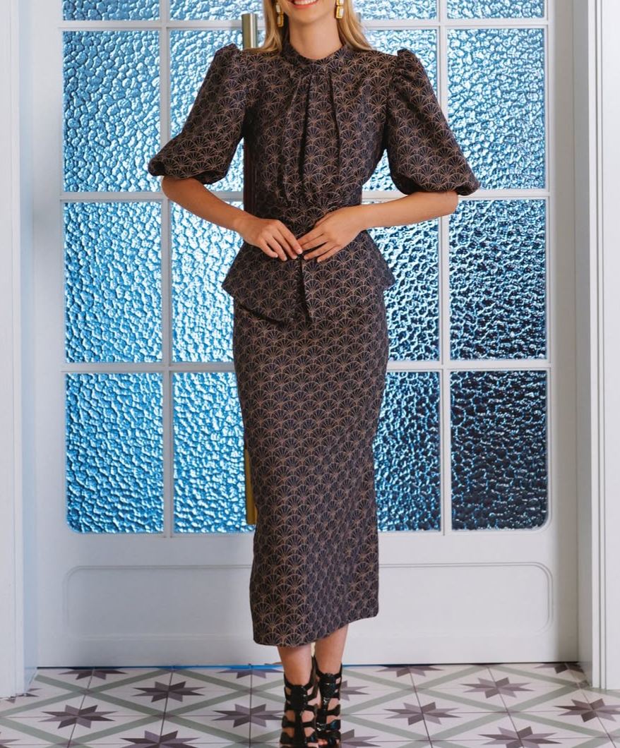 Retro Print Puff Sleeve Zip-Waist Dress