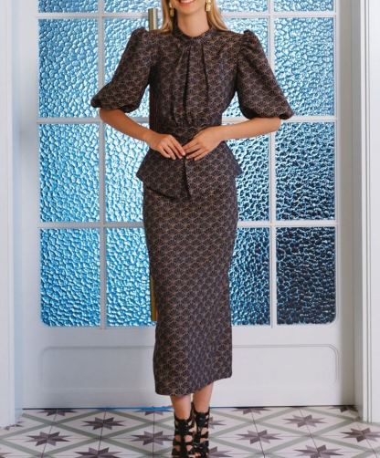 Retro Print Puff Sleeve Zip-Waist Dress