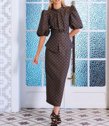 Retro Print Puff Sleeve Zip-Waist Dress