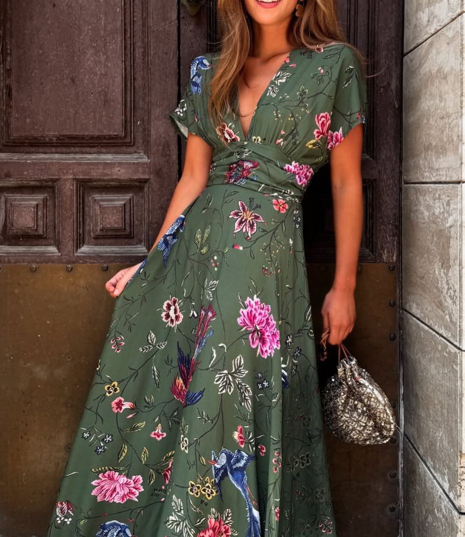 Floral Print Deep V-Neck Dress with a Nip Waist