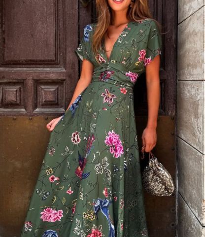 Floral Print Deep V-Neck Dress with a Nip Waist