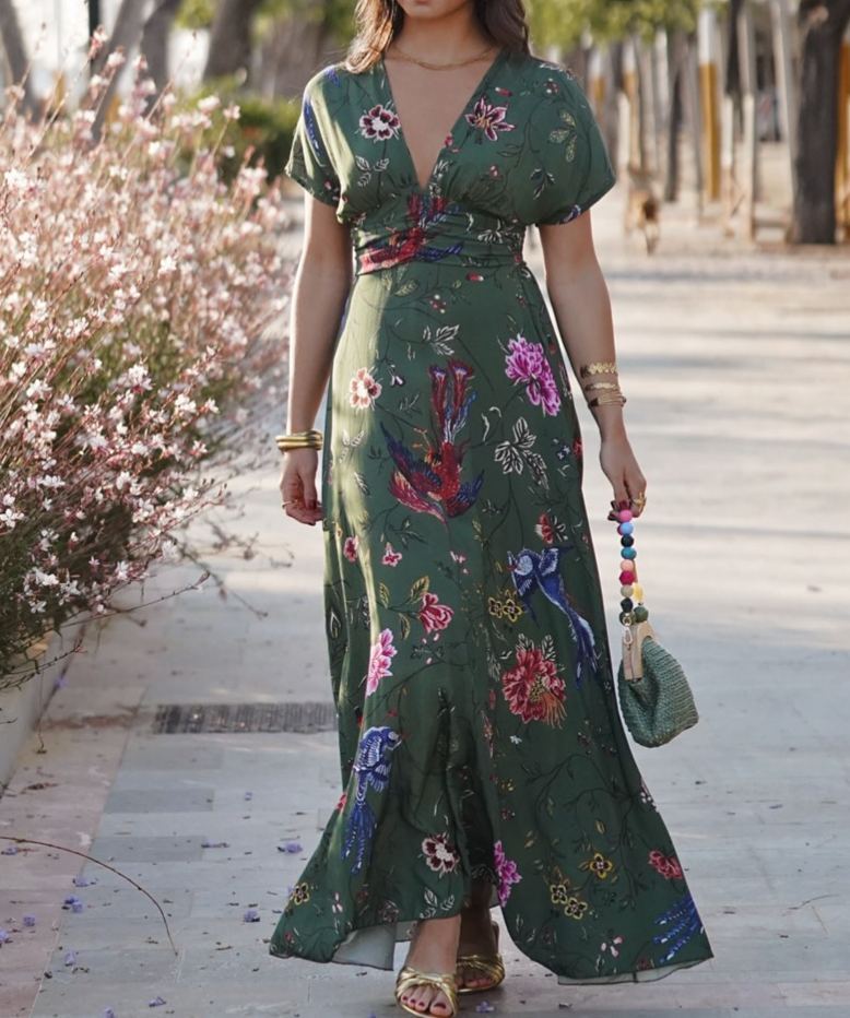 Floral Print Deep V-Neck Dress with a Nip Waist