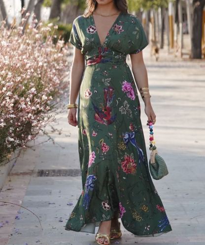 Floral Print Deep V-Neck Dress with a Nip Waist