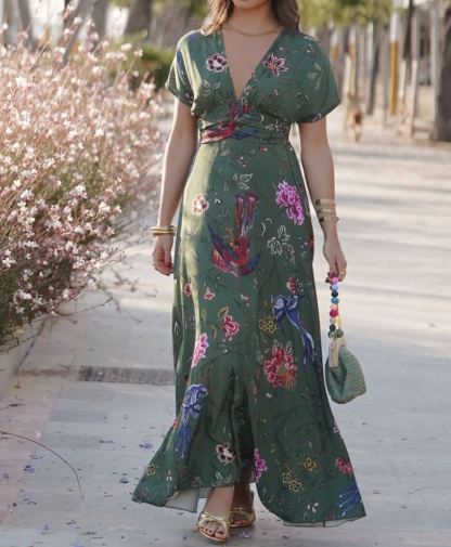 Floral Print Deep V-Neck Dress with a Nip Waist