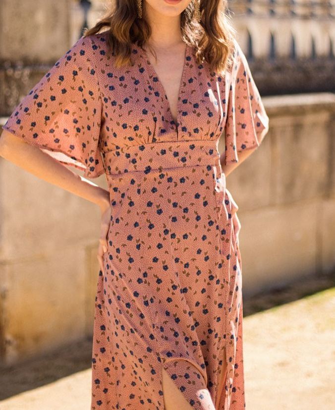 Pink Floral V-Neck Slit Dress