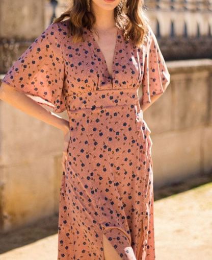 Pink Floral V-Neck Slit Dress