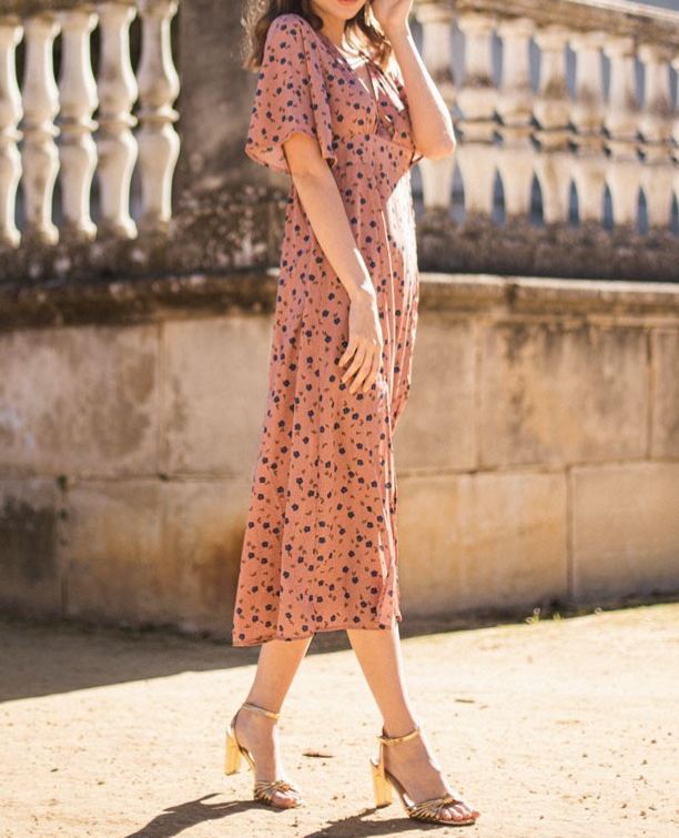 Pink Floral V-Neck Slit Dress