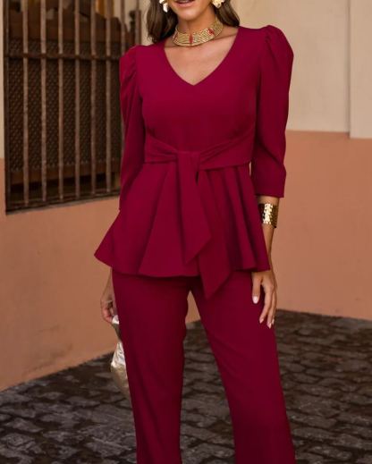 Wide-Leg Pants Set with Ruffled Blouse