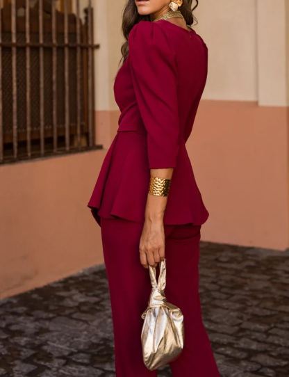 Wide-Leg Pants Set with Ruffled Blouse