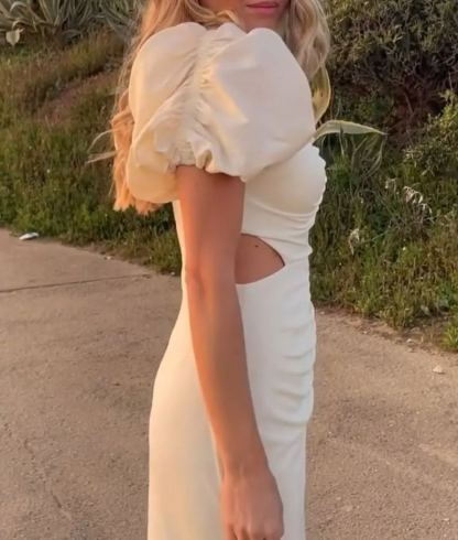 Cream Puff Sleeve Dress with a Nip Waist