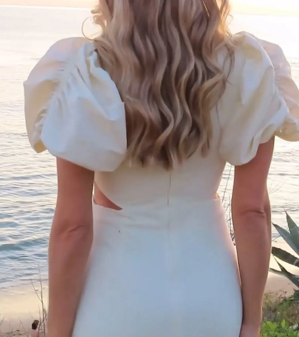 Cream Puff Sleeve Dress with a Nip Waist