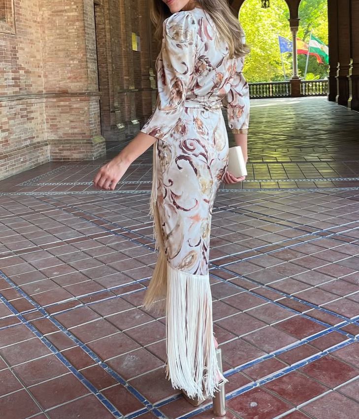 Printed Tassel Midi-Sleeve Dress