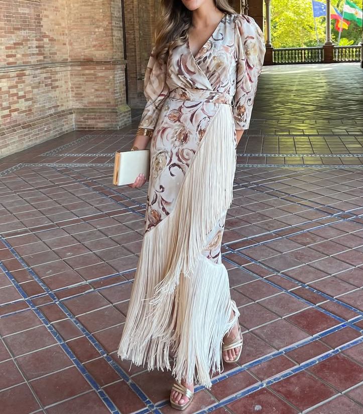 Printed Tassel Midi-Sleeve Dress