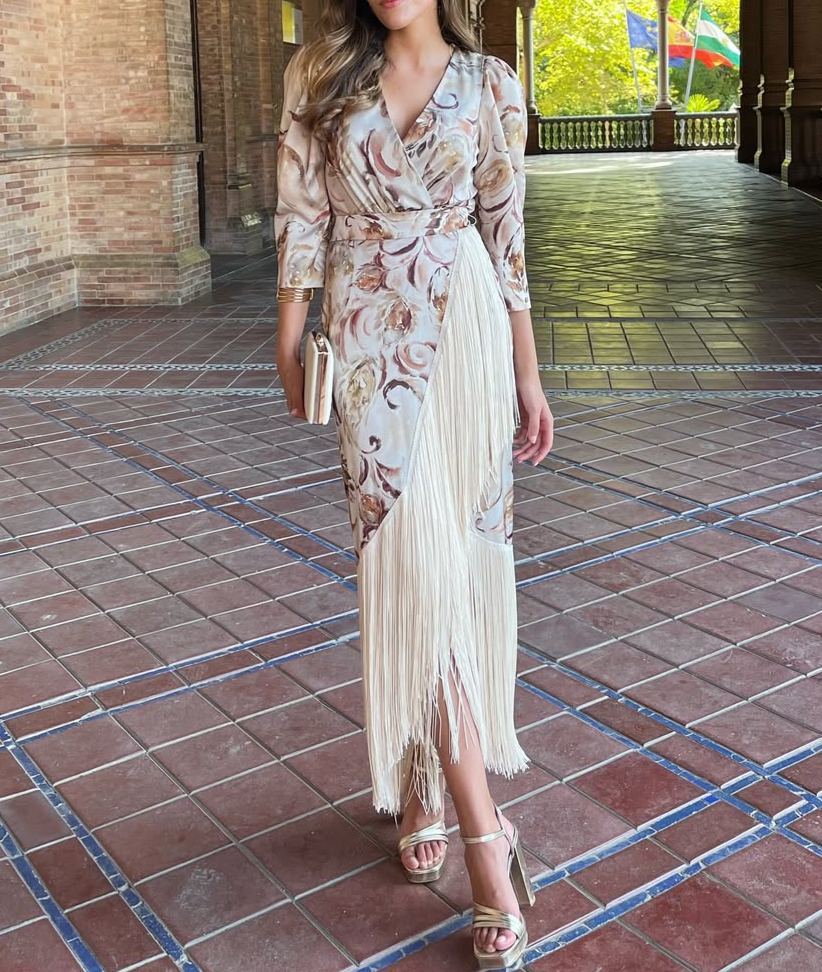 Printed Tassel Midi-Sleeve Dress