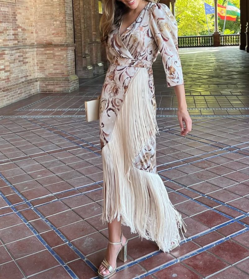 Printed Tassel Midi-Sleeve Dress