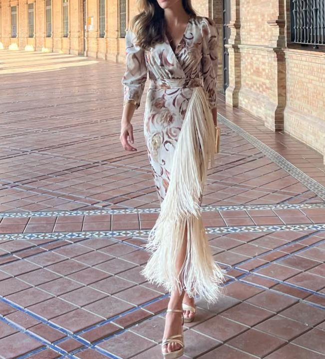 Printed Tassel Midi-Sleeve Dress