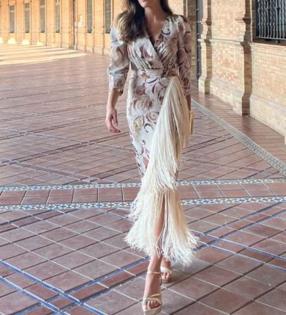 Printed Tassel Midi-Sleeve Dress