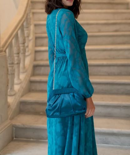 Petrol Blue Brocade Midi Dress