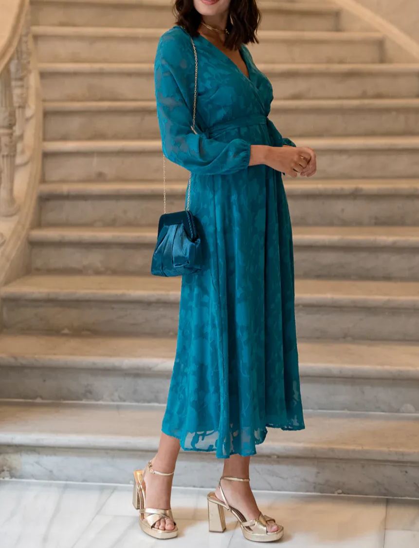 Petrol Blue Brocade Midi Dress
