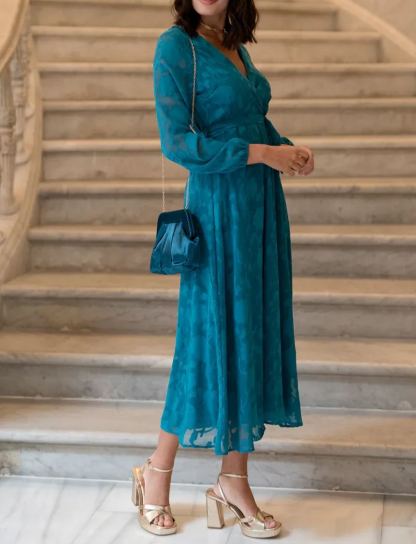 Petrol Blue Brocade Midi Dress