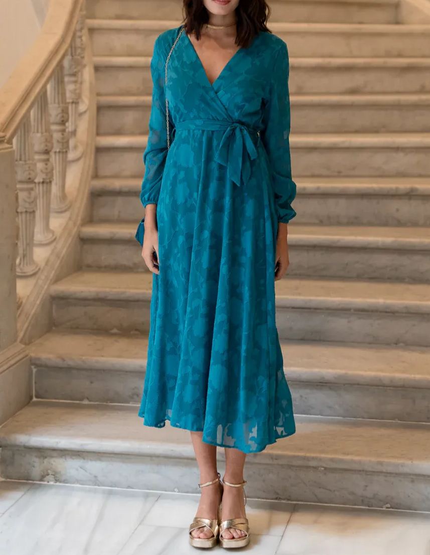 Petrol Blue Brocade Midi Dress