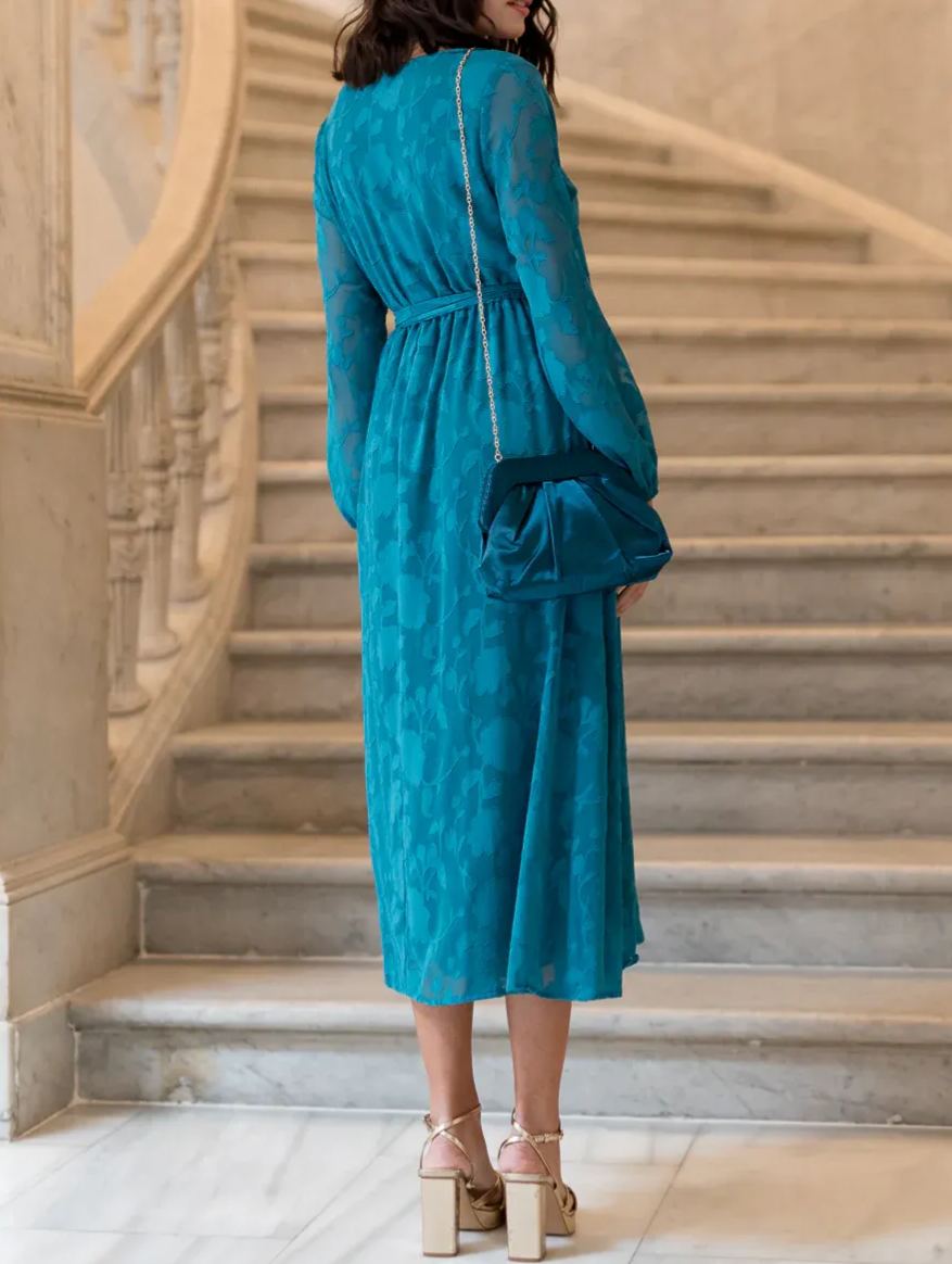 Petrol Blue Brocade Midi Dress