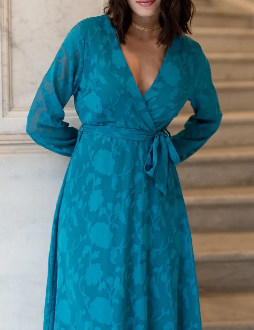 Petrol Blue Brocade Midi Dress