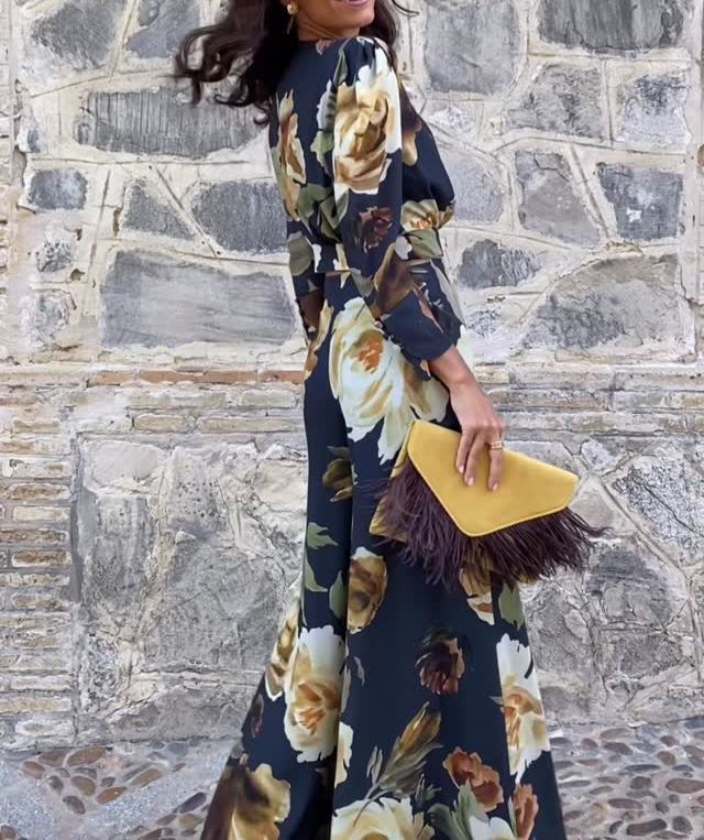 Dark-Based Large Floral Print Jumpsuit