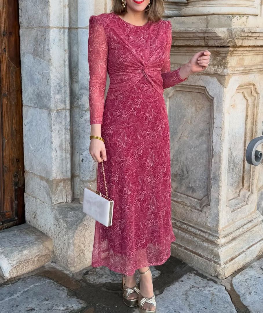 Rose-Pink Leaf-Patterned Mesh Long-Sleeved Dress