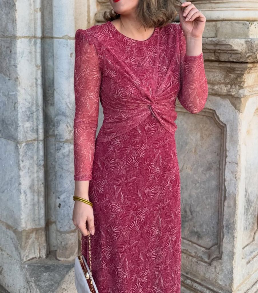 Rose-Pink Leaf-Patterned Mesh Long-Sleeved Dress