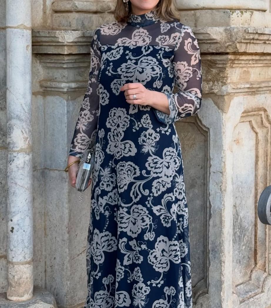 Navy Blue Tulle Tulle High Neck Dress with White Flowers