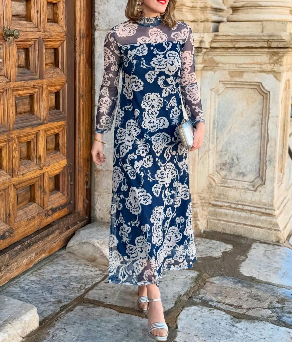 Navy Blue Tulle Tulle High Neck Dress with White Flowers