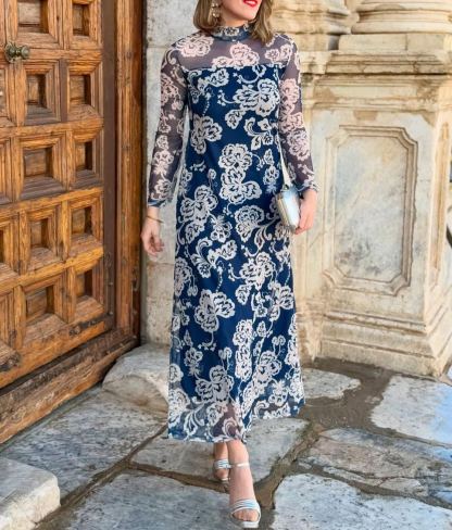 Navy Blue Tulle Tulle High Neck Dress with White Flowers