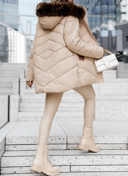 Admiration In Winter Quilted Jacket with Fur Trim, Beige