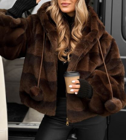 Plaid Plush Hooded Cropped Jacket