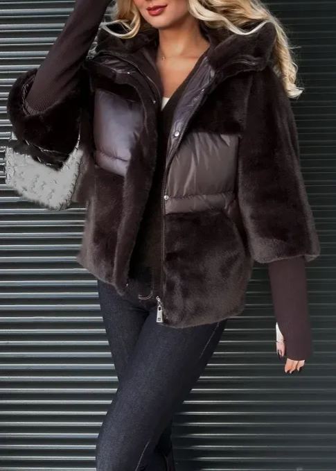 Chocolate-colored jacket with a fur collar and fur cuffs.