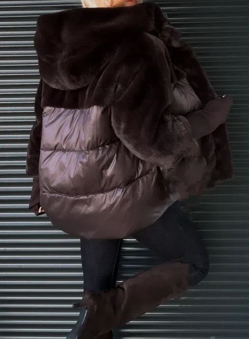 Chocolate-colored jacket with a fur collar and fur cuffs.