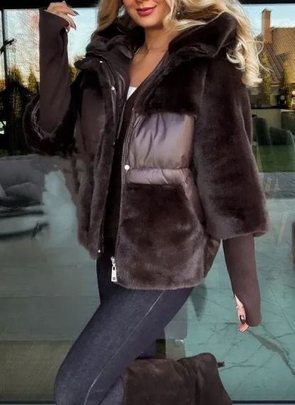 Chocolate-colored jacket with a fur collar and fur cuffs.