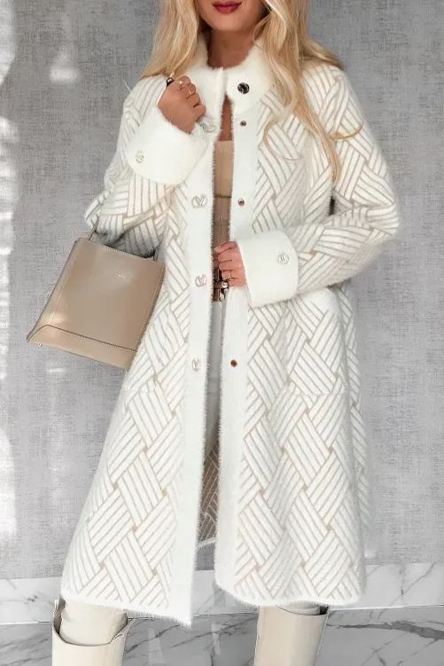 An elegant alpaca wool coat adorned with a woven pattern.