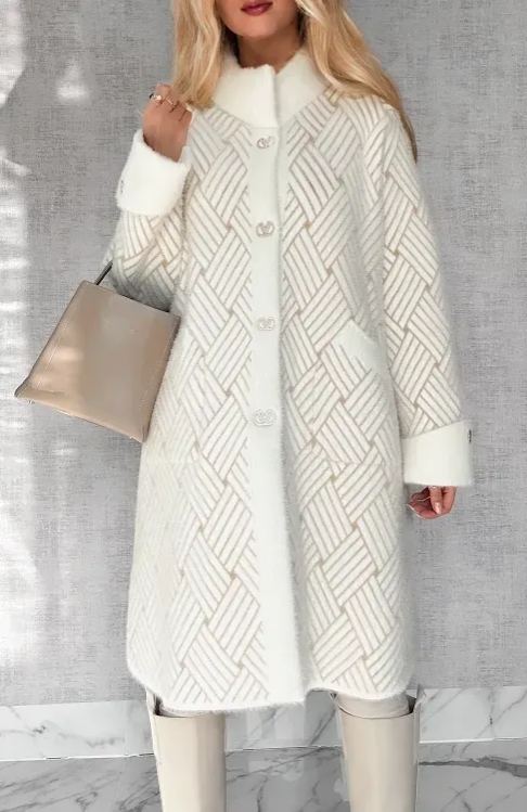 An elegant alpaca wool coat adorned with a woven pattern.