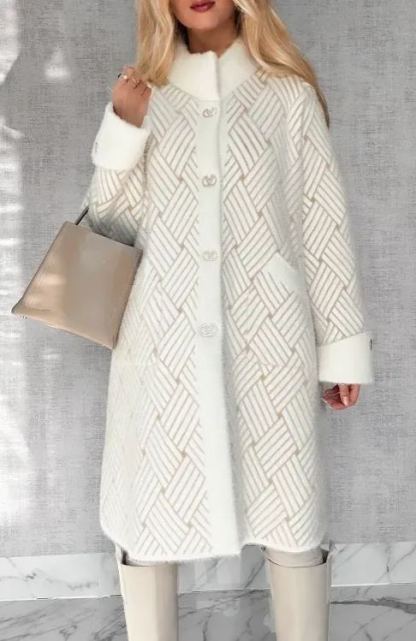 An elegant alpaca wool coat adorned with a woven pattern.