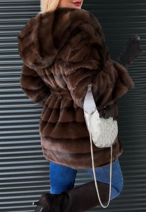 Chocolate striped hooded fur coat