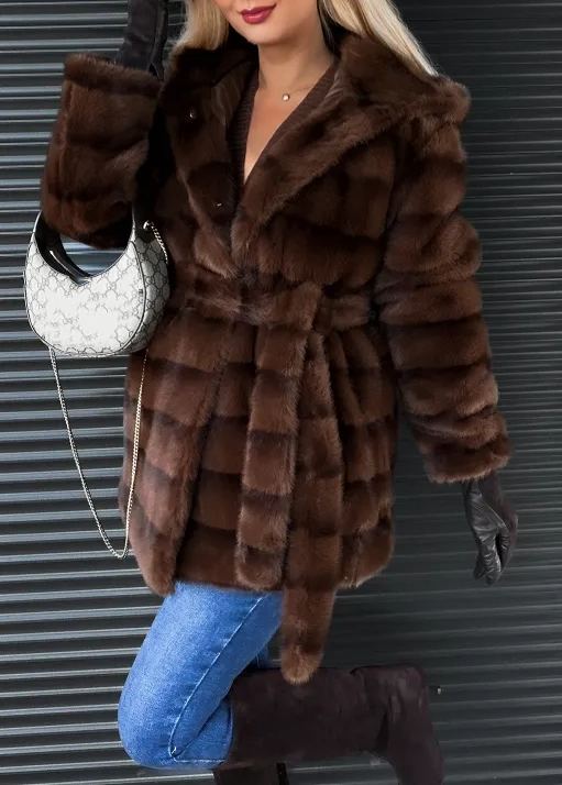 Chocolate striped hooded fur coat