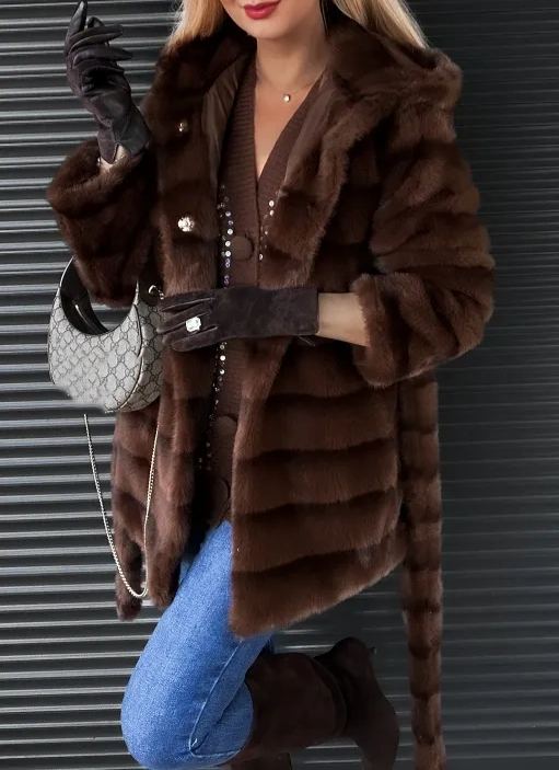 Chocolate striped hooded fur coat