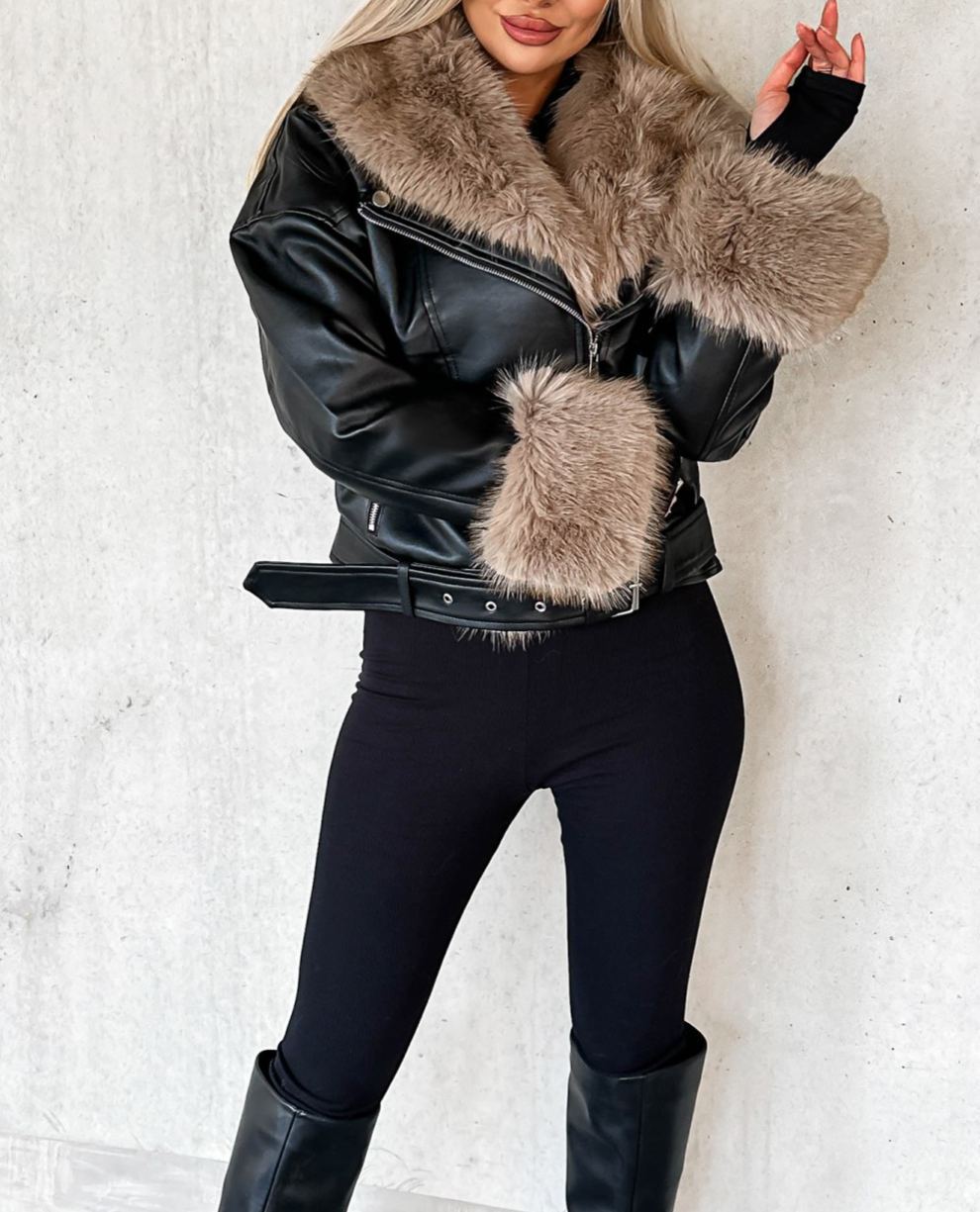 Cortina Black Fur Biker Jacket